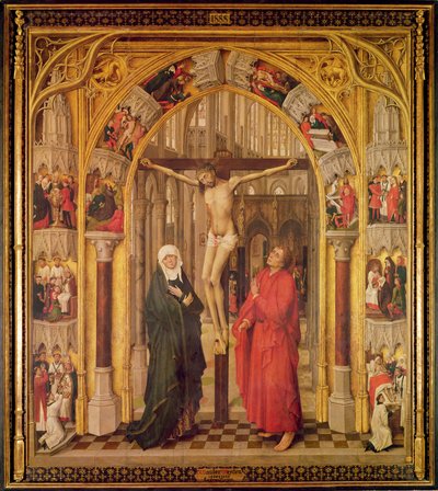 Christ on the Cross, with the Virgin Mary and Saint John under an archway with Gothic tracery leading to a church, central panel from the Redemption Triptych by Vrancke van der Stockt